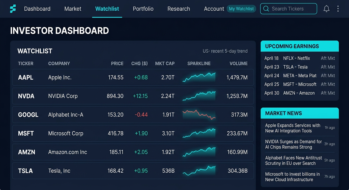 Watchlist dashboard with tracked tickers, sparklines, an earnings calendar and a market news panel.